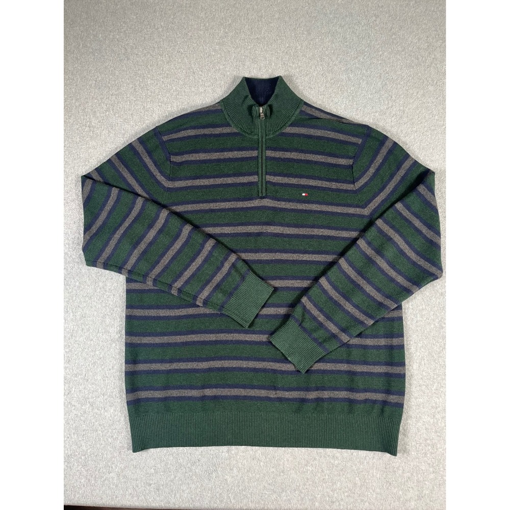 Tommy Hilfiger Mens XXL‎ Green Striped Cotton Cashmere Quarter Zip Sweater
